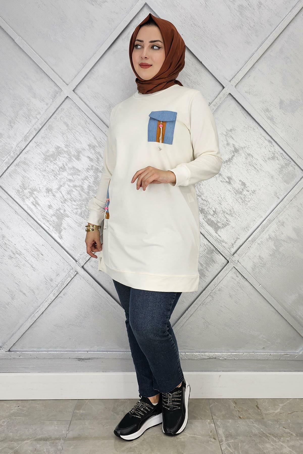 KADIN NERVÜR DİKİM TAŞ DETAYLI TESETTÜR TUNİK EKRU - 3 BEDEN