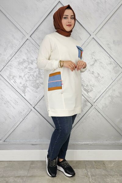 KADIN NERVÜR DİKİM TAŞ DETAYLI TESETTÜR TUNİK EKRU - 3 BEDEN
