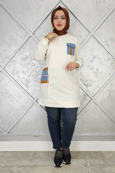 KADIN NERVÜR DİKİM TAŞ DETAYLI TESETTÜR TUNİK EKRU - 3 BEDEN