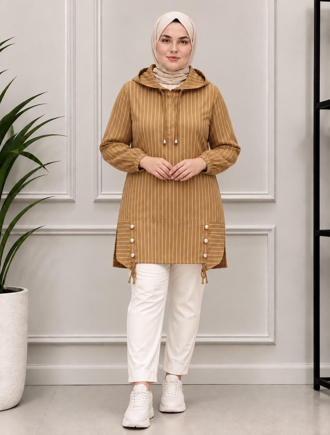 KADIN KAPÜŞONLU TESETTÜR TUNİK CAMEL - XL