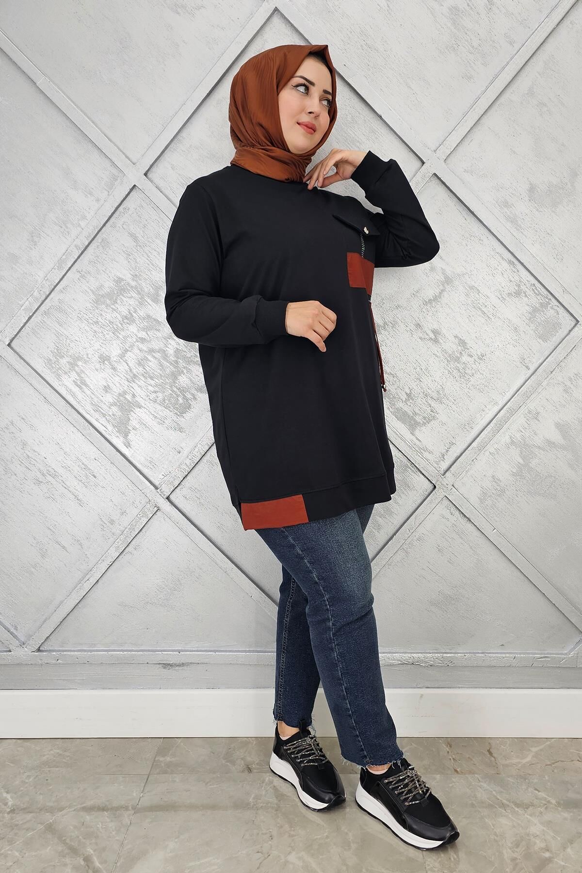 KADIN KOMBİNLİ TAŞ DETAYLI TESETTÜR TUNİK SİYAH - 3XL