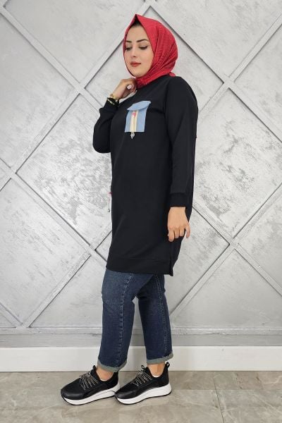 KADIN NERVÜR DİKİM TAŞ DETAYLI TESETTÜR TUNİK SİYAH - 5 BEDEN