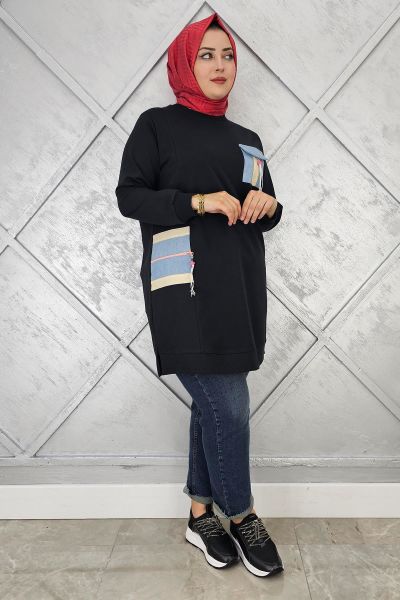 KADIN NERVÜR DİKİM TAŞ DETAYLI TESETTÜR TUNİK SİYAH - 5 BEDEN
