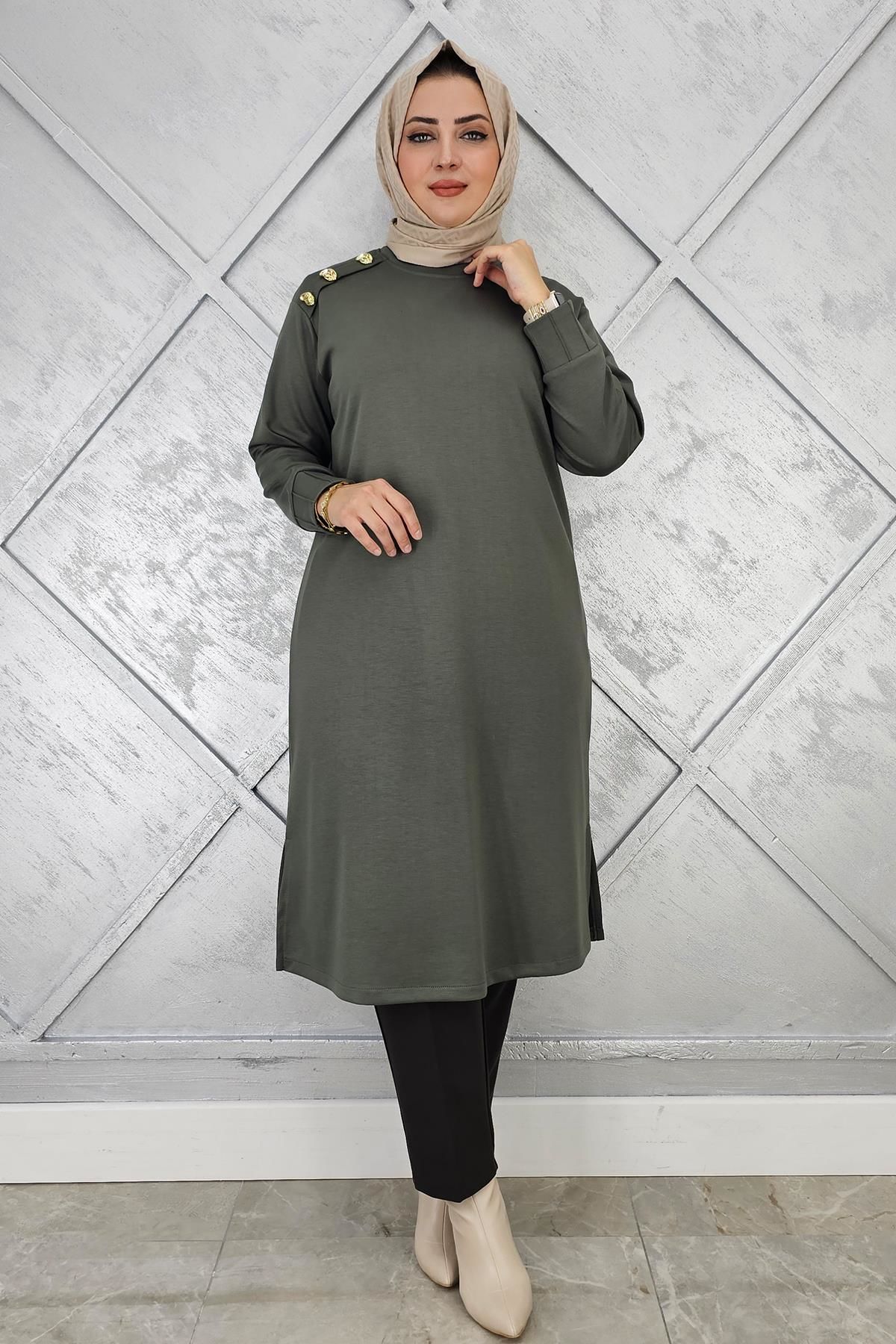 KADIN DÜĞME DETAYLI TESETTÜR TUNİK HAKİ - 5 BEDEN