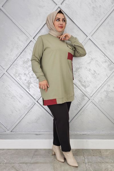 KADIN KOMBİNLİ TAŞ DETAYLI TESETTÜR TUNİK MİNT YEŞİLİ - 2XL