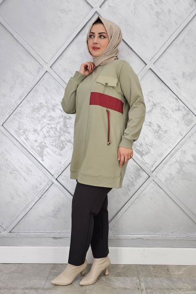 KADIN KOMBİNLİ TAŞ DETAYLI TESETTÜR TUNİK MİNT YEŞİLİ - 2XL