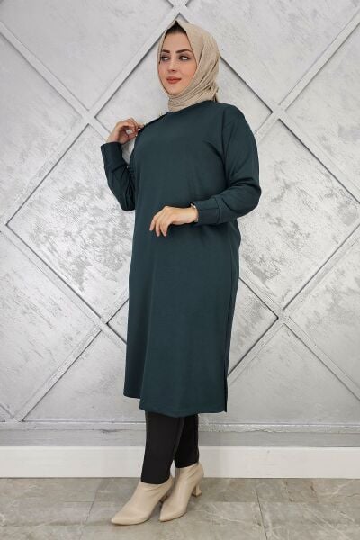 KADIN DÜĞME DETAYLI TESETTÜR TUNİK PETROL YEŞİLİ - 3 BEDEN