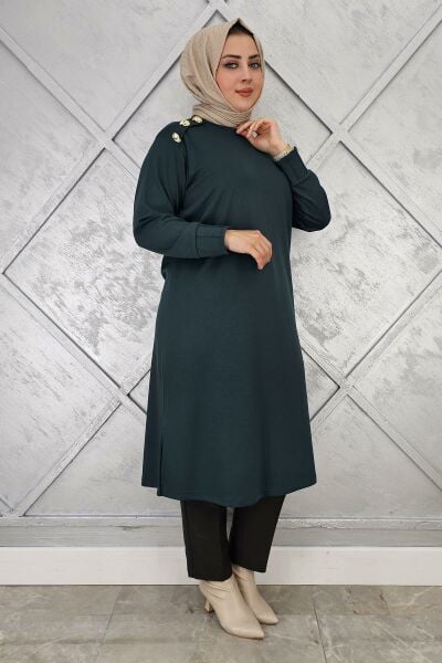KADIN DÜĞME DETAYLI TESETTÜR TUNİK PETROL YEŞİLİ - 3 BEDEN