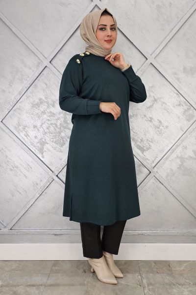 KADIN DÜĞME DETAYLI TESETTÜR TUNİK PETROL YEŞİLİ - 4 BEDEN