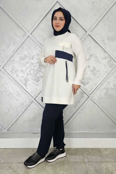 KADIN KOMBİNLİ TAŞ DETAYLI TESETTÜR TUNİK EKRU - 3XL