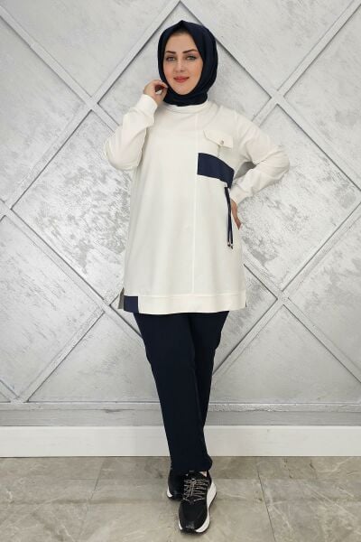 KADIN KOMBİNLİ TAŞ DETAYLI TESETTÜR TUNİK EKRU - 3XL
