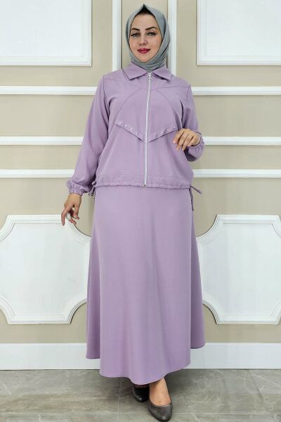 PYS KADIN ALLER DİKİM TAŞ DETAYLI TESETTÜR TAKIM LİLA - 4 BEDEN