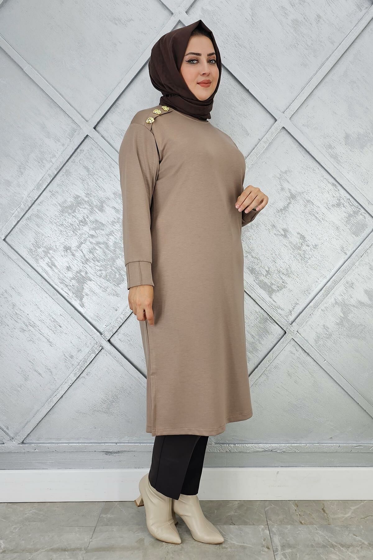 KADIN DÜĞME DETAYLI TESETTÜR TUNİK VİZON - 2 BEDEN