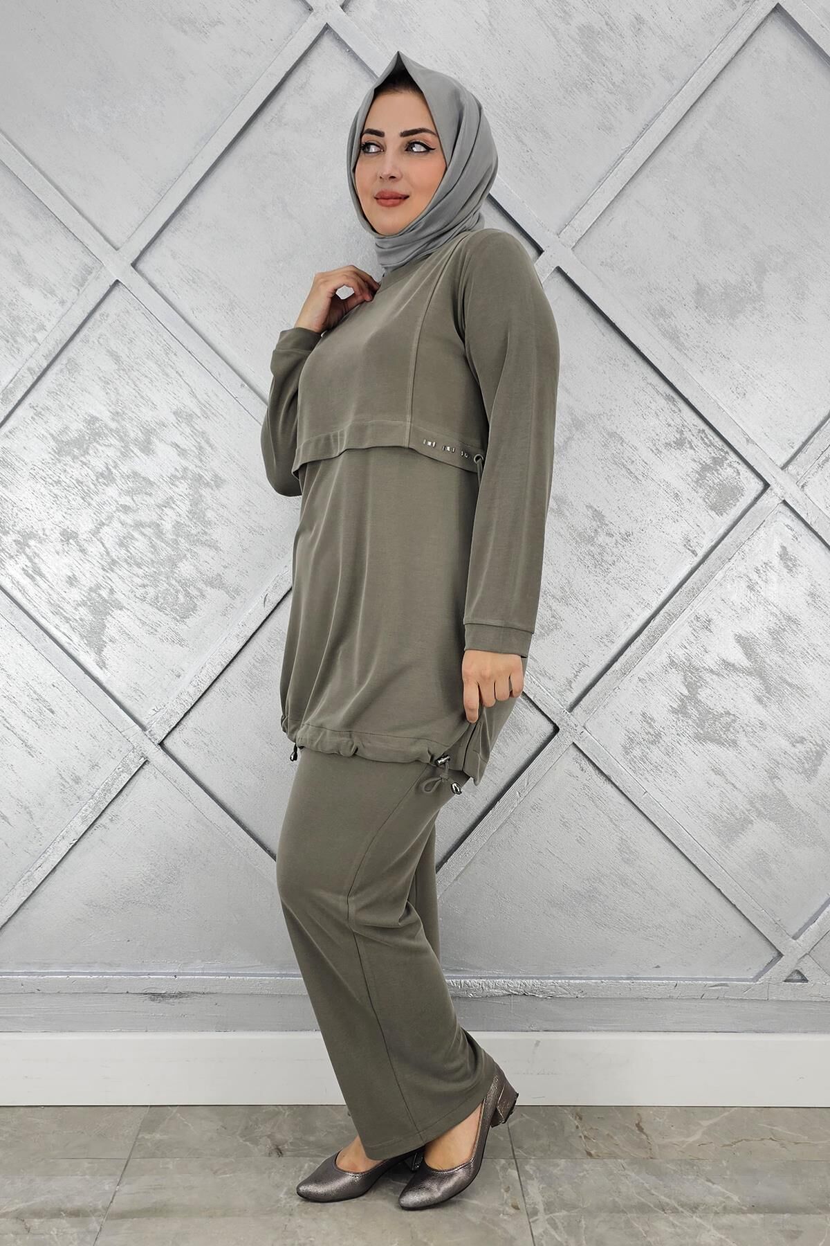 KADIN TAŞ DETALI BAĞCIKLI TESETTÜR TAKIM HAKİ - 4 BEDEN