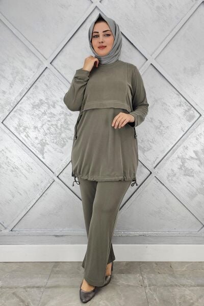 KADIN TAŞ DETALI BAĞCIKLI TESETTÜR TAKIM HAKİ - 4 BEDEN