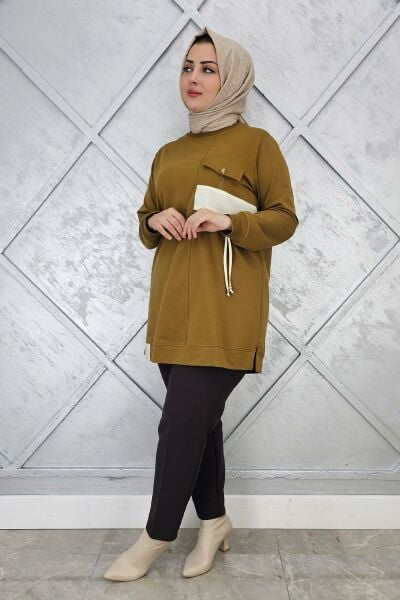 KADIN KOMBİNLİ TAŞ DETAYLI TESETTÜR TUNİK YAĞ YEŞİLİ - 2XL