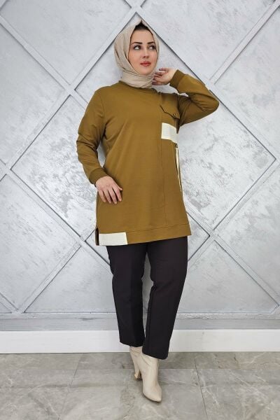 KADIN KOMBİNLİ TAŞ DETAYLI TESETTÜR TUNİK YAĞ YEŞİLİ - 2XL