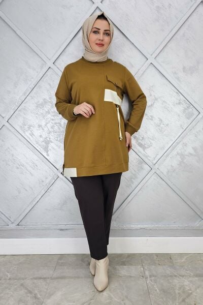 KADIN KOMBİNLİ TAŞ DETAYLI TESETTÜR TUNİK YAĞ YEŞİLİ - 2XL
