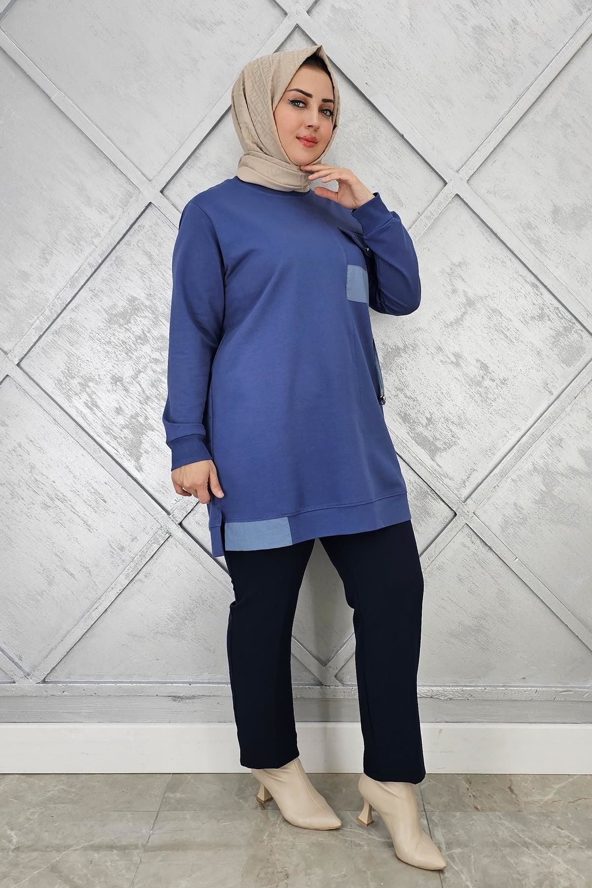 KADIN KOMBİNLİ TAŞ DETAYLI TESETTÜR TUNİK İNDİGO - 2XL