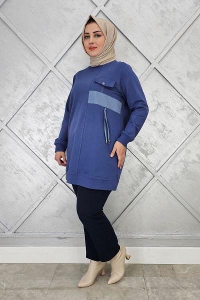 KADIN KOMBİNLİ TAŞ DETAYLI TESETTÜR TUNİK İNDİGO - 2XL