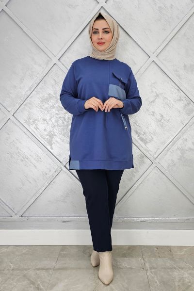 KADIN KOMBİNLİ TAŞ DETAYLI TESETTÜR TUNİK İNDİGO - 2XL