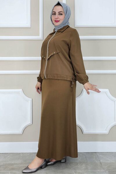 PYS KADIN ALLER DİKİM TAŞ DETAYLI TESETTÜR TAKIM KAHVERENGİ - 5 BEDEN