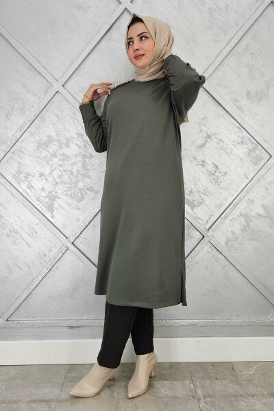 KADIN DÜĞME DETAYLI TESETTÜR TUNİK HAKİ - 2 BEDEN