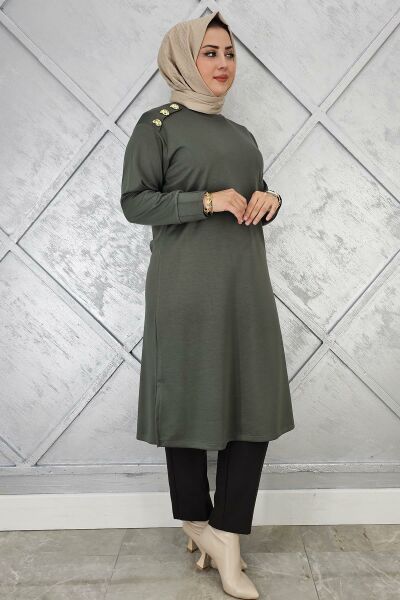 KADIN DÜĞME DETAYLI TESETTÜR TUNİK HAKİ - 2 BEDEN
