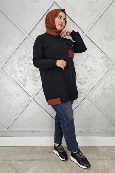 KADIN KOMBİNLİ TAŞ DETAYLI TESETTÜR TUNİK SİYAH - L
