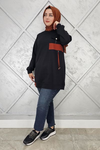 KADIN KOMBİNLİ TAŞ DETAYLI TESETTÜR TUNİK SİYAH - L