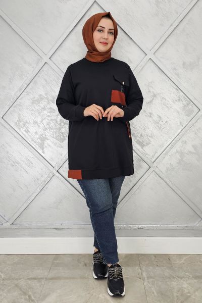 KADIN KOMBİNLİ TAŞ DETAYLI TESETTÜR TUNİK SİYAH - L