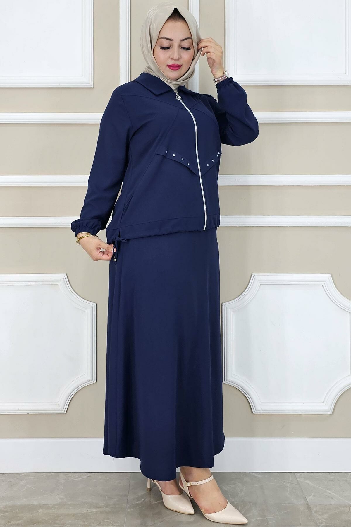 PYS KADIN ALLER DİKİM TAŞ DETAYLI TESETTÜR TAKIM LACİVERT - 2 BEDEN