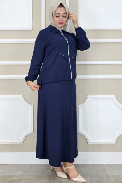 PYS KADIN ALLER DİKİM TAŞ DETAYLI TESETTÜR TAKIM LACİVERT - 2 BEDEN