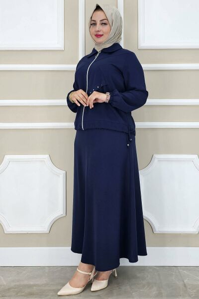 PYS KADIN ALLER DİKİM TAŞ DETAYLI TESETTÜR TAKIM LACİVERT - 2 BEDEN