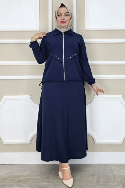 PYS KADIN ALLER DİKİM TAŞ DETAYLI TESETTÜR TAKIM LACİVERT - 2 BEDEN
