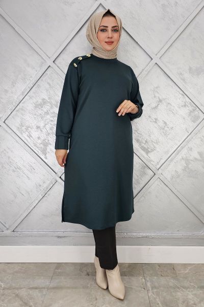 KADIN DÜĞME DETAYLI TESETTÜR TUNİK PETROL YEŞİLİ - 5 BEDEN