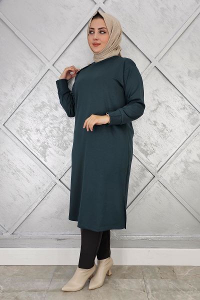 KADIN DÜĞME DETAYLI TESETTÜR TUNİK PETROL YEŞİLİ - 5 BEDEN