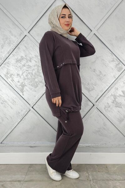 KADIN TAŞ DETALI BAĞCIKLI TESETTÜR TAKIM KAHVERENGİ - 3 BEDEN