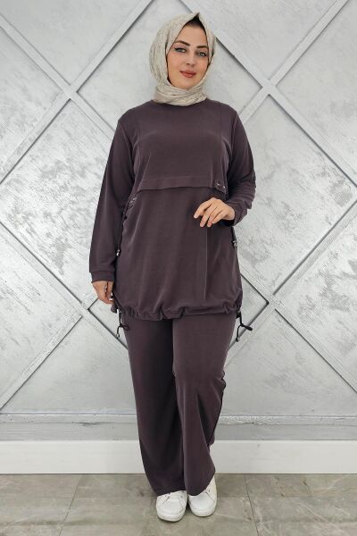 KADIN TAŞ DETALI BAĞCIKLI TESETTÜR TAKIM KAHVERENGİ - 3 BEDEN