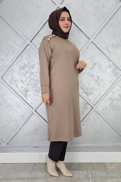 KADIN DÜĞME DETAYLI TESETTÜR TUNİK VİZON - 5 BEDEN