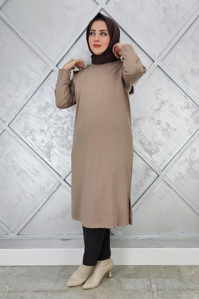 KADIN DÜĞME DETAYLI TESETTÜR TUNİK VİZON - 5 BEDEN