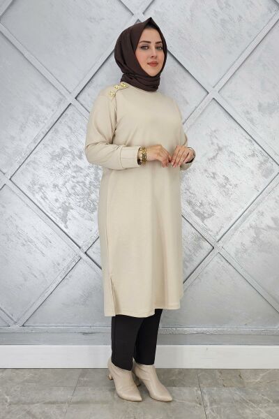 KADIN DÜĞME DETAYLI TESETTÜR TUNİK BEJ - 4 BEDEN