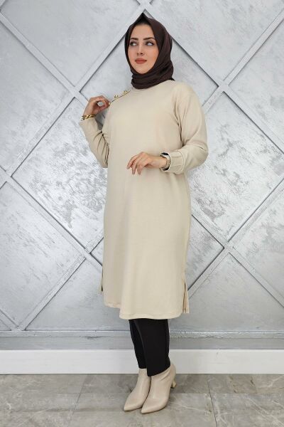 KADIN DÜĞME DETAYLI TESETTÜR TUNİK BEJ - 4 BEDEN