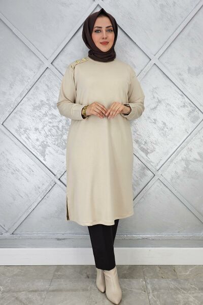 KADIN DÜĞME DETAYLI TESETTÜR TUNİK BEJ - 4 BEDEN