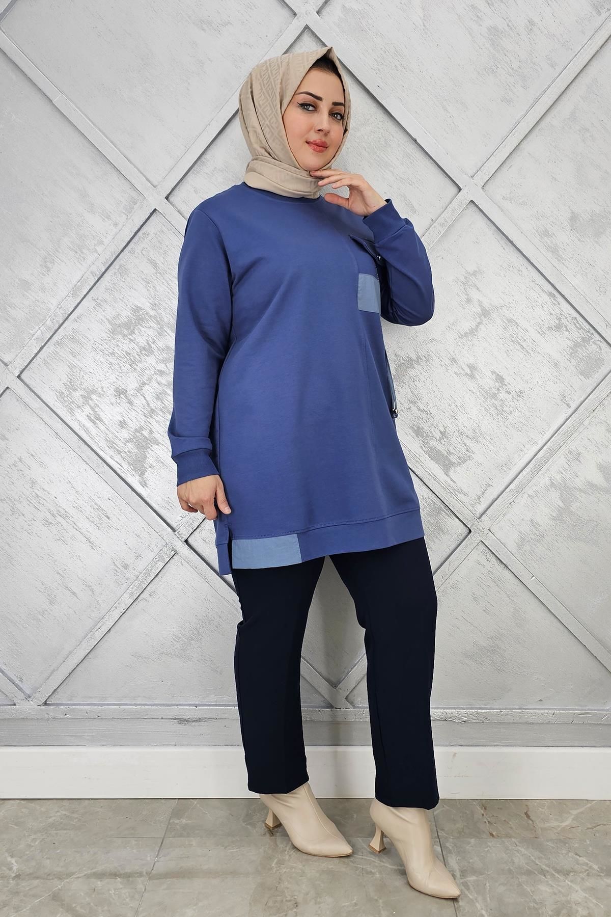 KADIN KOMBİNLİ TAŞ DETAYLI TESETTÜR TUNİK İNDİGO - L