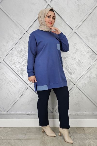 KADIN KOMBİNLİ TAŞ DETAYLI TESETTÜR TUNİK İNDİGO - L