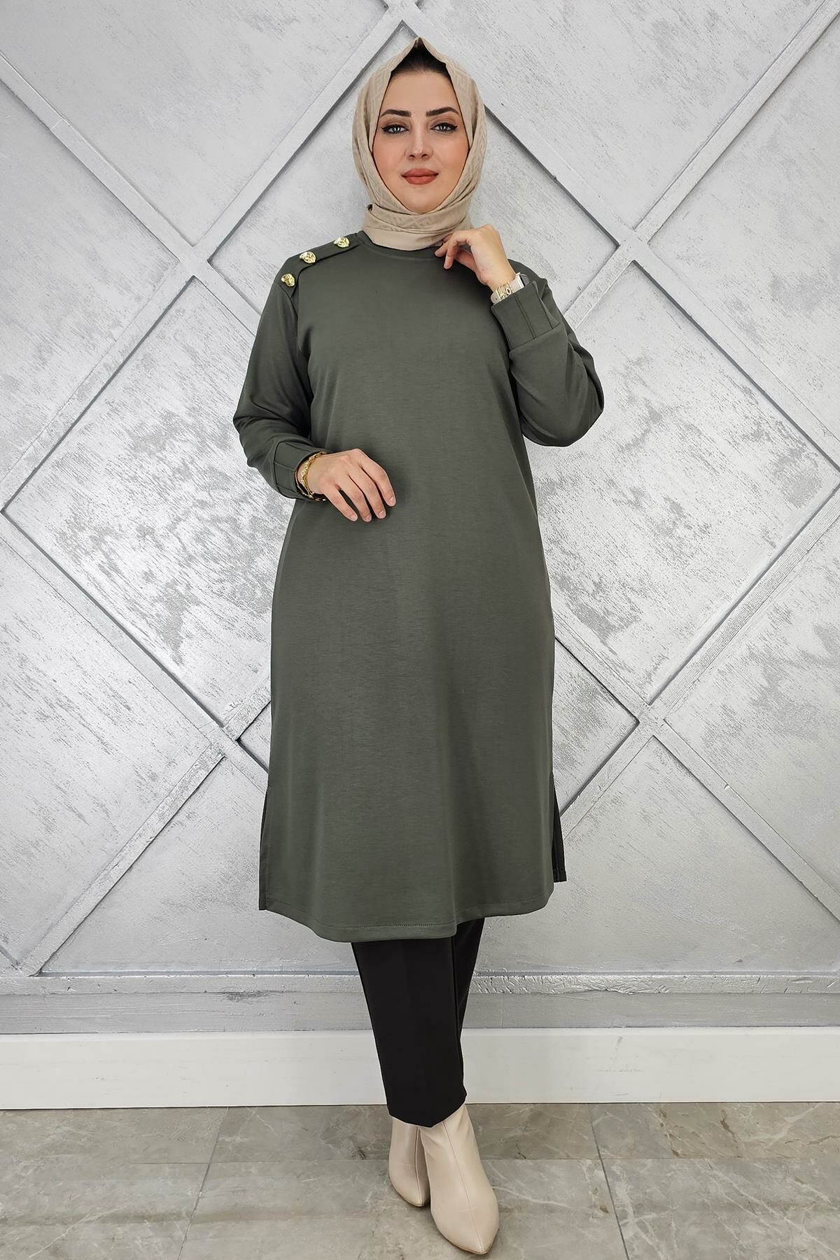KADIN DÜĞME DETAYLI TESETTÜR TUNİK HAKİ - 4 BEDEN