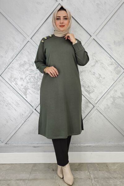 KADIN DÜĞME DETAYLI TESETTÜR TUNİK HAKİ - 4 BEDEN