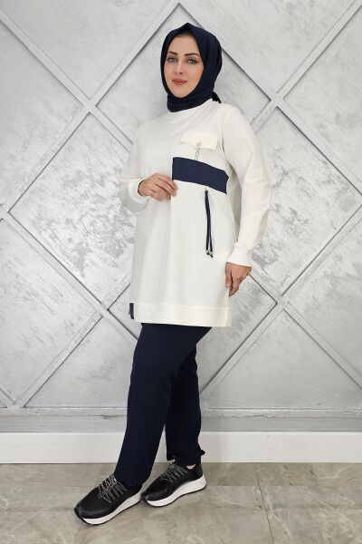 KADIN KOMBİNLİ TAŞ DETAYLI TESETTÜR TUNİK EKRU - 2XL