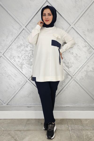KADIN KOMBİNLİ TAŞ DETAYLI TESETTÜR TUNİK EKRU - 2XL